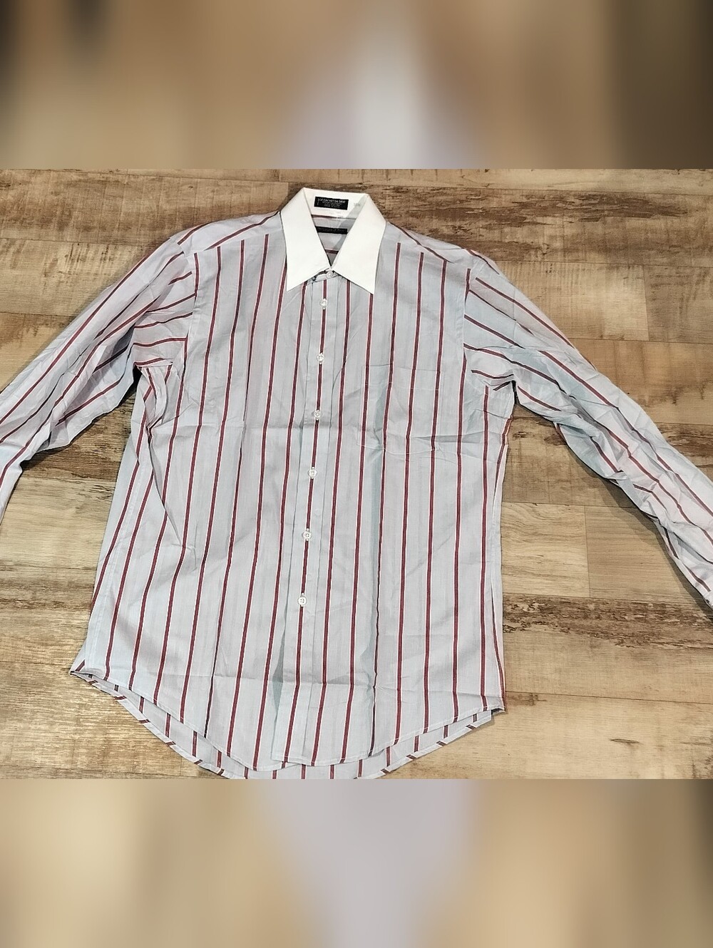 Dior Men's White Dress Shirt with Red Stripes and White Contrast Collar